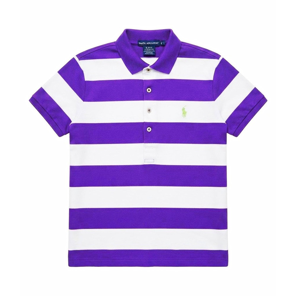 Ralph Lauren Sport Mens Slim Fit Polo Shirt L Purple White Striped Cotton Logo